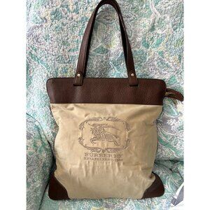 Authentic Burberry Equestrian Knight Canvas Tote Bag Brown Leather Trim